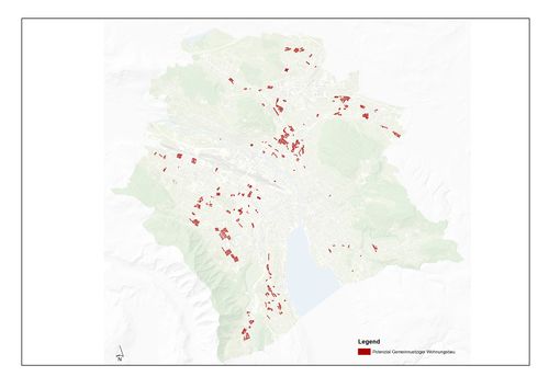 Potential Gemeinnütziger Wohnungsbau: Die Karte zeigt die moeglichen Flaechen des gemeinnützigen Wohnungsbaus, die Ueberbaut werden koennen.