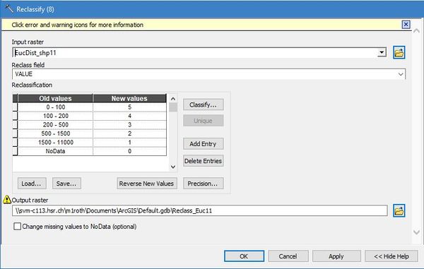 Eingabefenster "Reclassify"